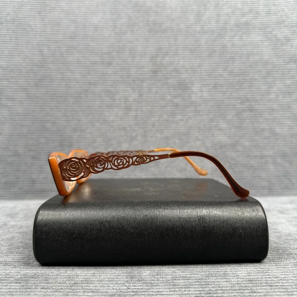 Lipstick Brown Rectangular y2k Eyeglass Frames Filigree Temples Floral Design